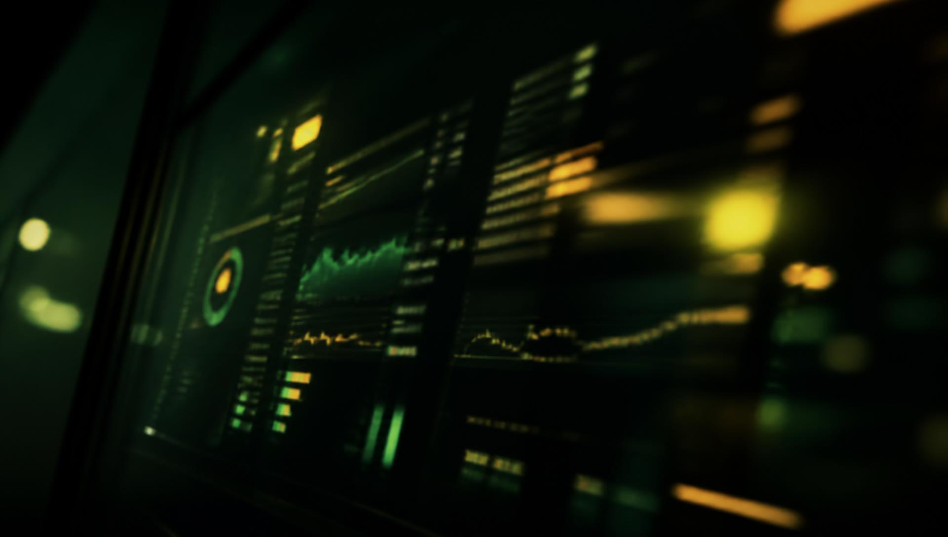 Dark ambient monitoring interface glow on glass